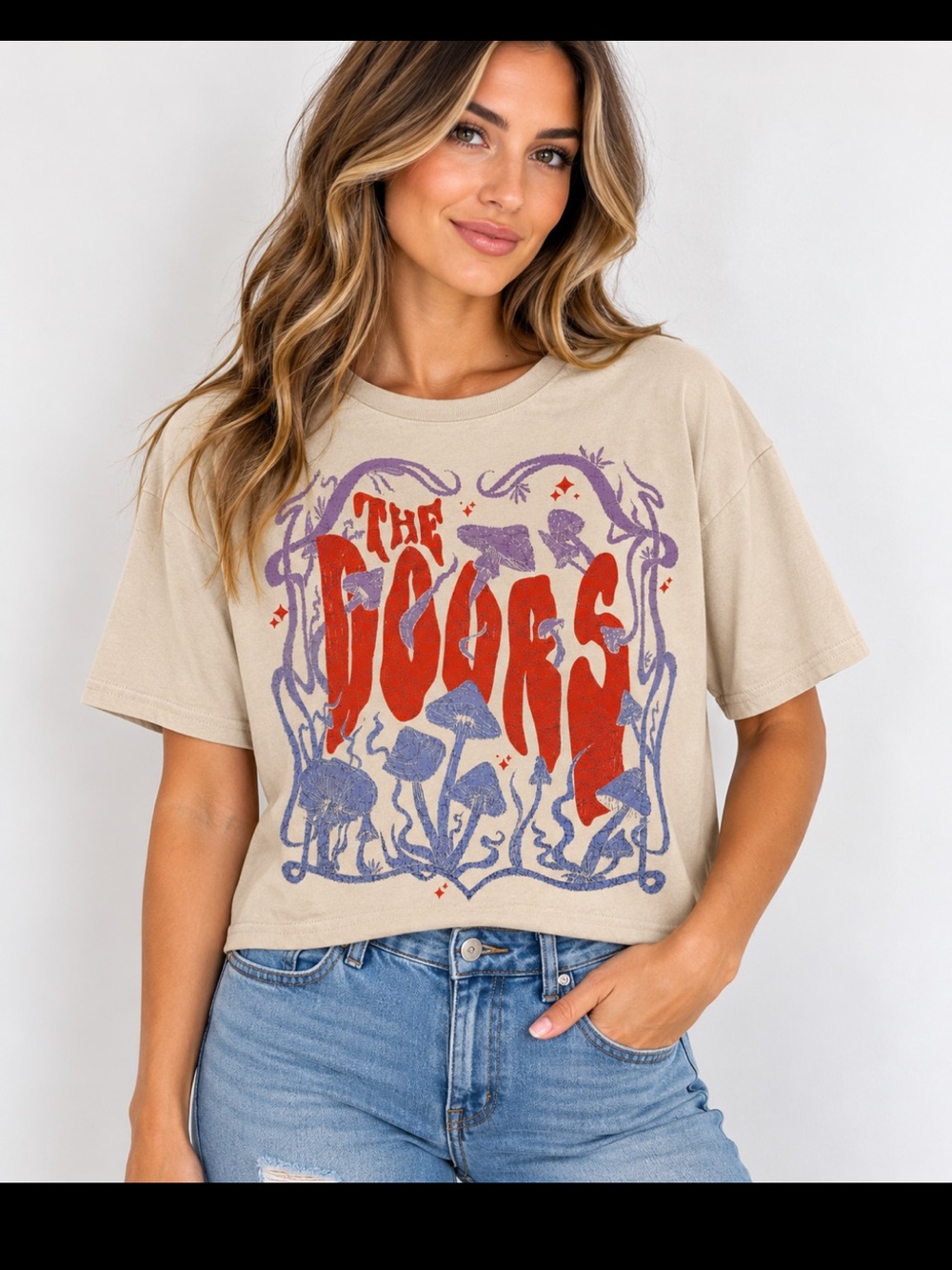 NWT The Doors Mushroom Graphic Band Tee Cream Size L 100% Cotton 🍄‍🟫Crop top